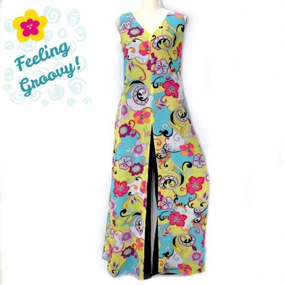 Metro Style Psychedelic Retro Print Flyaway Halter Jumpsuit S/M - Picture 6 of 6